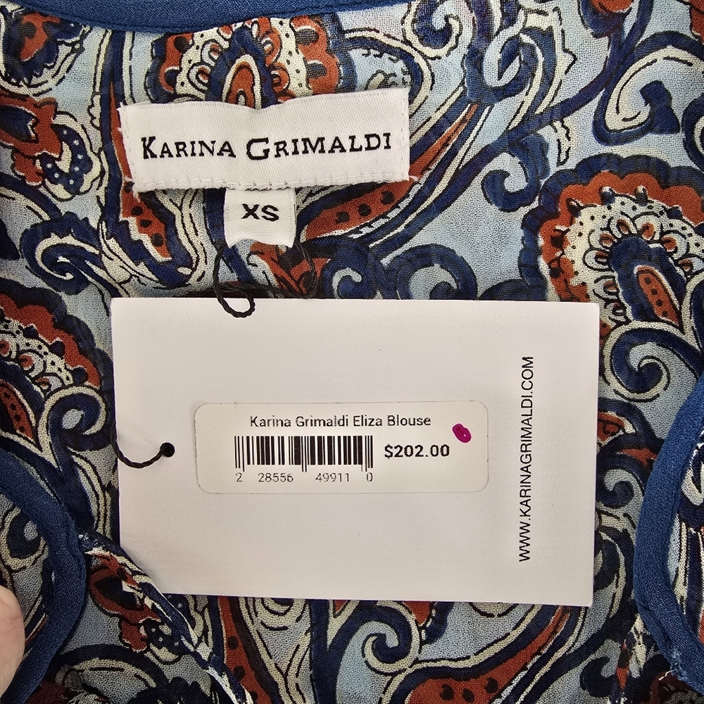NWT Karina Grimaldi Eliza Long Sleeve Semi Sheer Blouse XS Blue Paisley Print - Picture 11 of 11